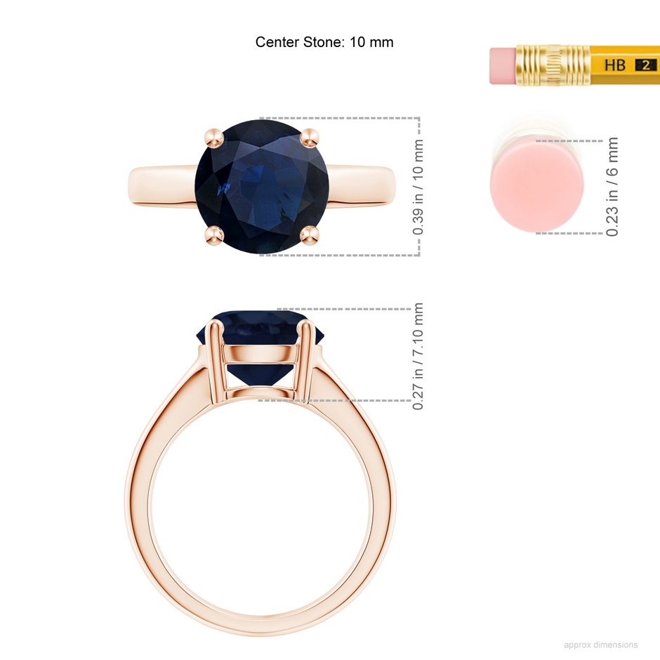 10mm A Round Blue Sapphire Solitaire Engagement Ring in Rose Gold ruler