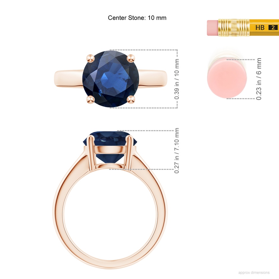 10mm AA Round Blue Sapphire Solitaire Engagement Ring in Rose Gold ruler