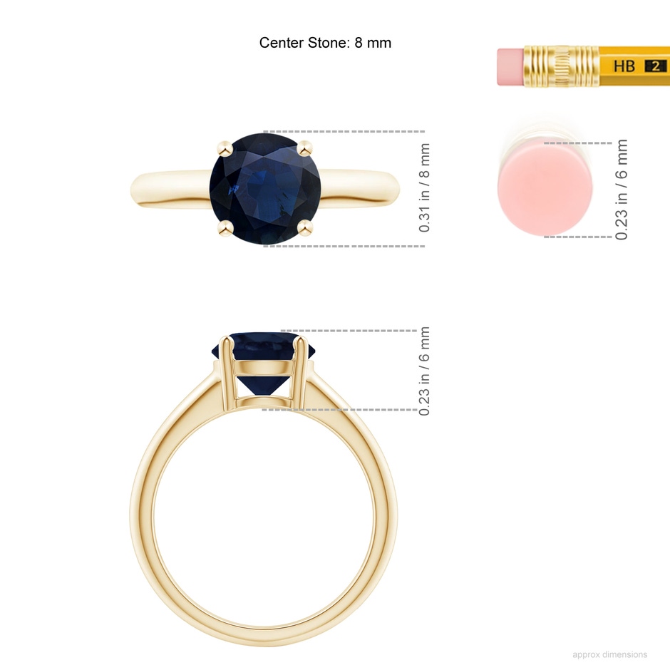 8mm A Round Blue Sapphire Solitaire Engagement Ring in Yellow Gold ruler
