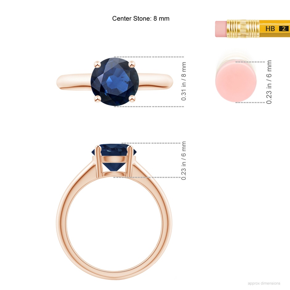 8mm AA Round Blue Sapphire Solitaire Engagement Ring in Rose Gold ruler