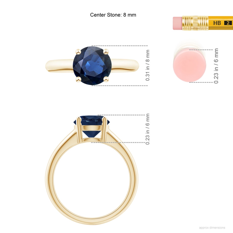 8mm AA Round Blue Sapphire Solitaire Engagement Ring in Yellow Gold ruler