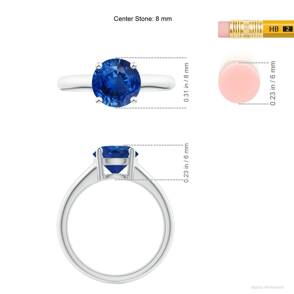8mm AAA Round Blue Sapphire Solitaire Engagement Ring in White Gold ruler