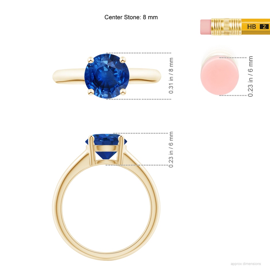 8mm AAA Round Blue Sapphire Solitaire Engagement Ring in Yellow Gold ruler