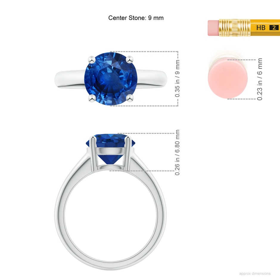 9mm AAA Round Blue Sapphire Solitaire Engagement Ring in P950 Platinum ruler