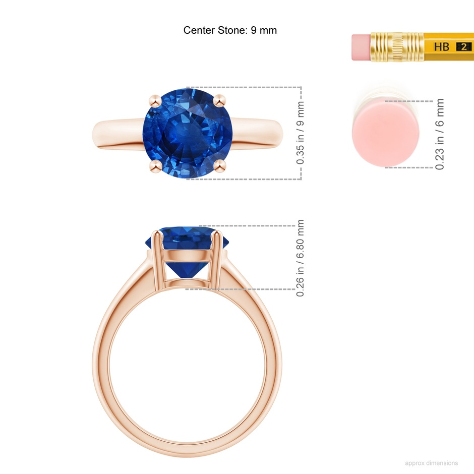 9mm AAA Round Blue Sapphire Solitaire Engagement Ring in Rose Gold ruler