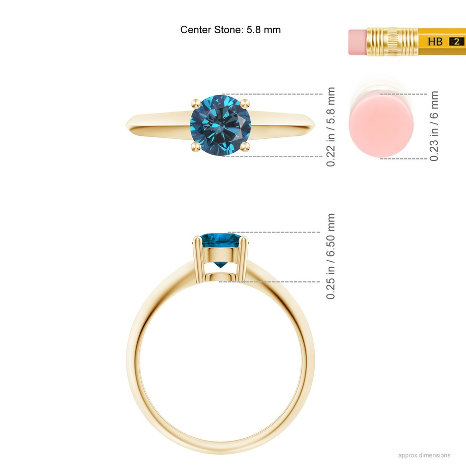 5.8mm AAA Prong-Set Blue Diamond Solitaire Engagement Ring in Yellow Gold ruler