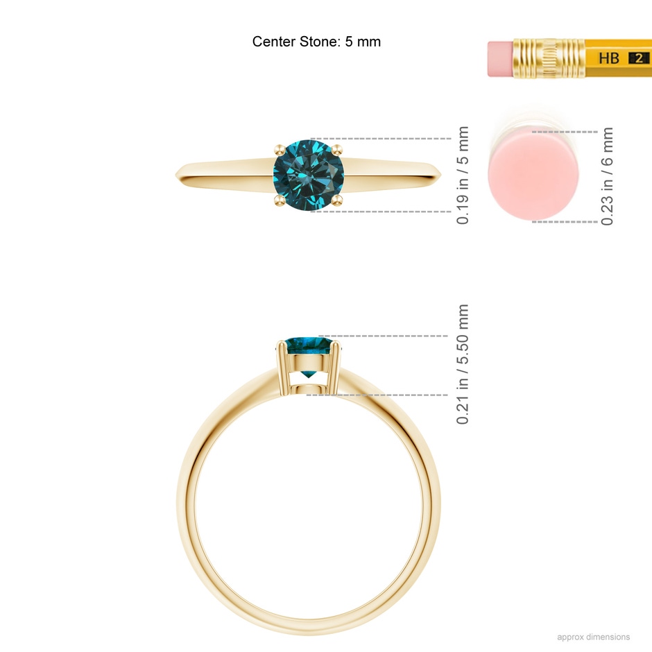 5mm AA Prong-Set Blue Diamond Solitaire Engagement Ring in Yellow Gold ruler