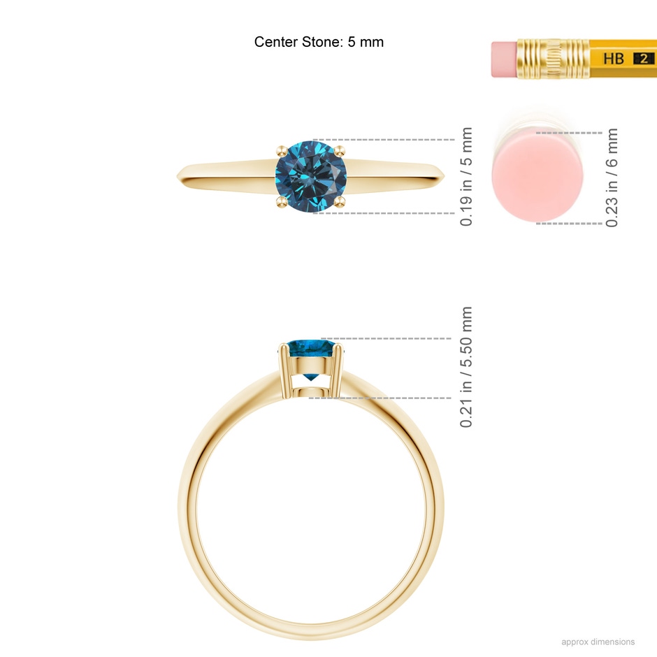 5mm AAA Prong-Set Blue Diamond Solitaire Engagement Ring in Yellow Gold ruler
