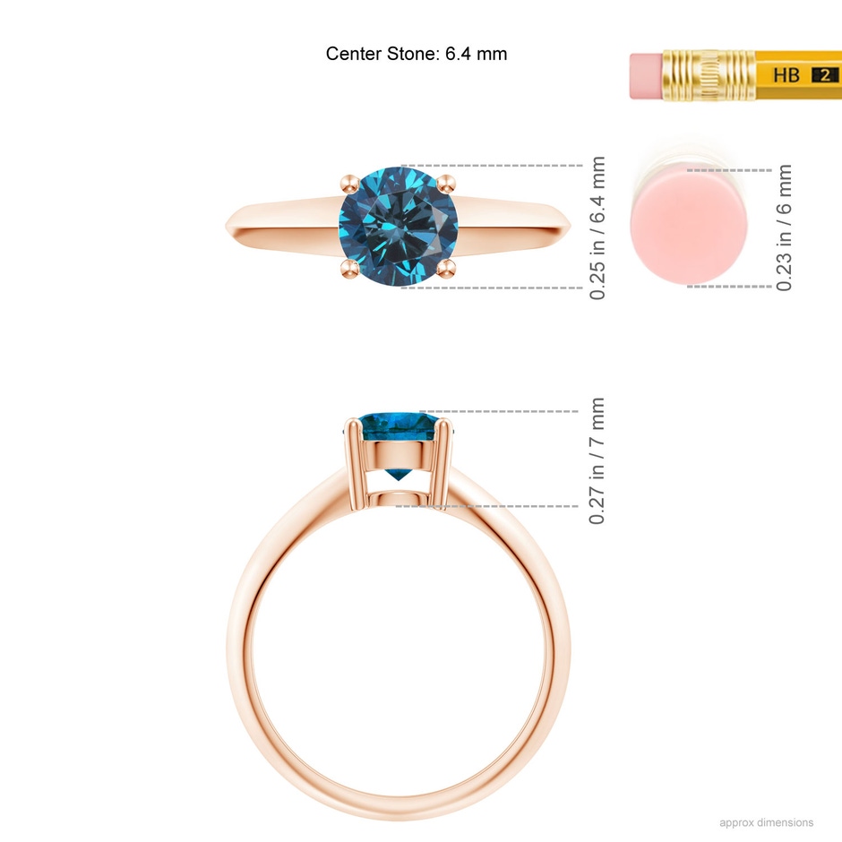 6.4mm AAA Prong-Set Blue Diamond Solitaire Engagement Ring in Rose Gold ruler