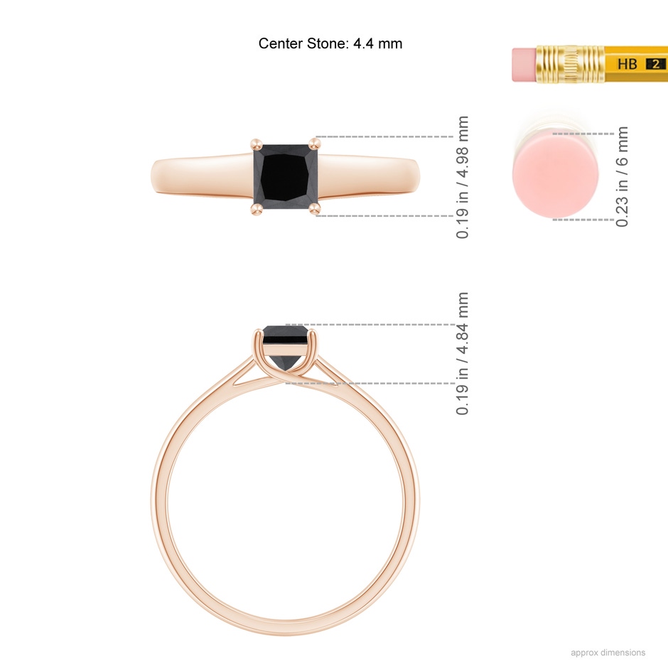 4.4mm AA Princess-Cut Black Diamond Solitaire Engagement Ring in Rose Gold ruler