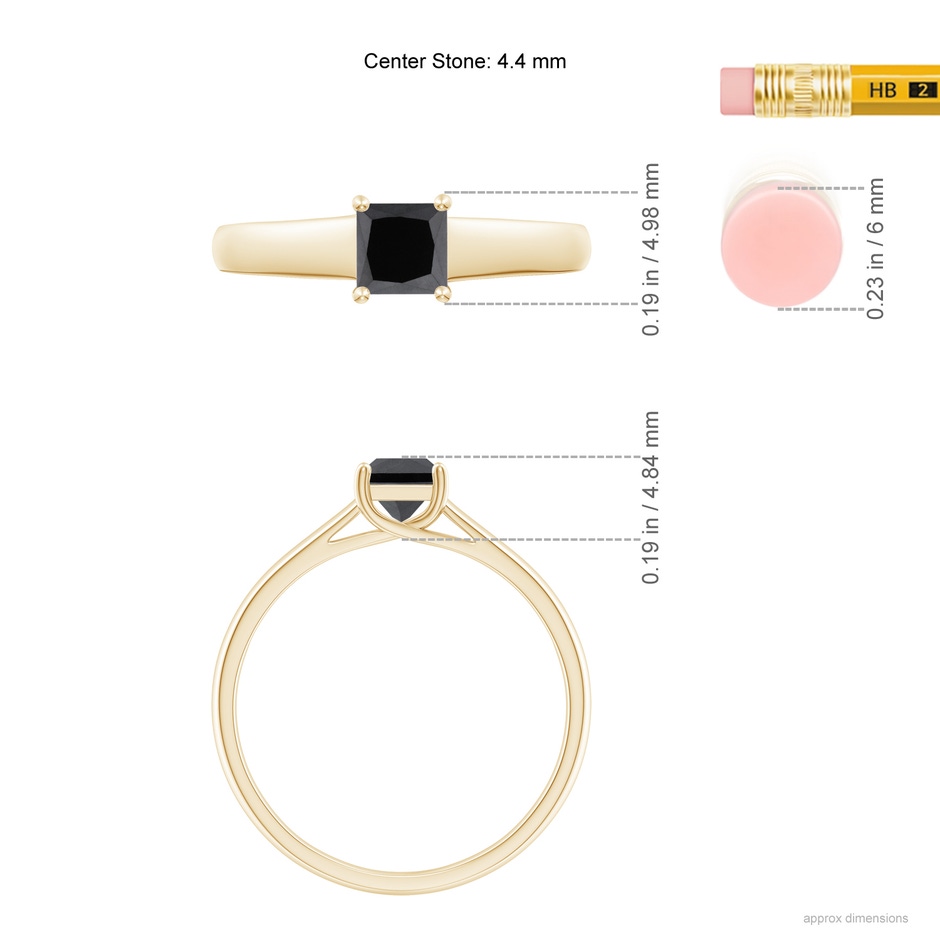 4.4mm AA Princess-Cut Black Diamond Solitaire Engagement Ring in Yellow Gold ruler