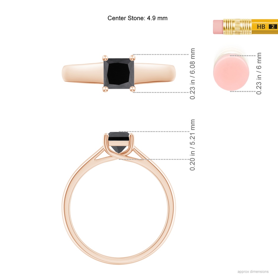 4.9mm AA Princess-Cut Black Diamond Solitaire Engagement Ring in Rose Gold ruler