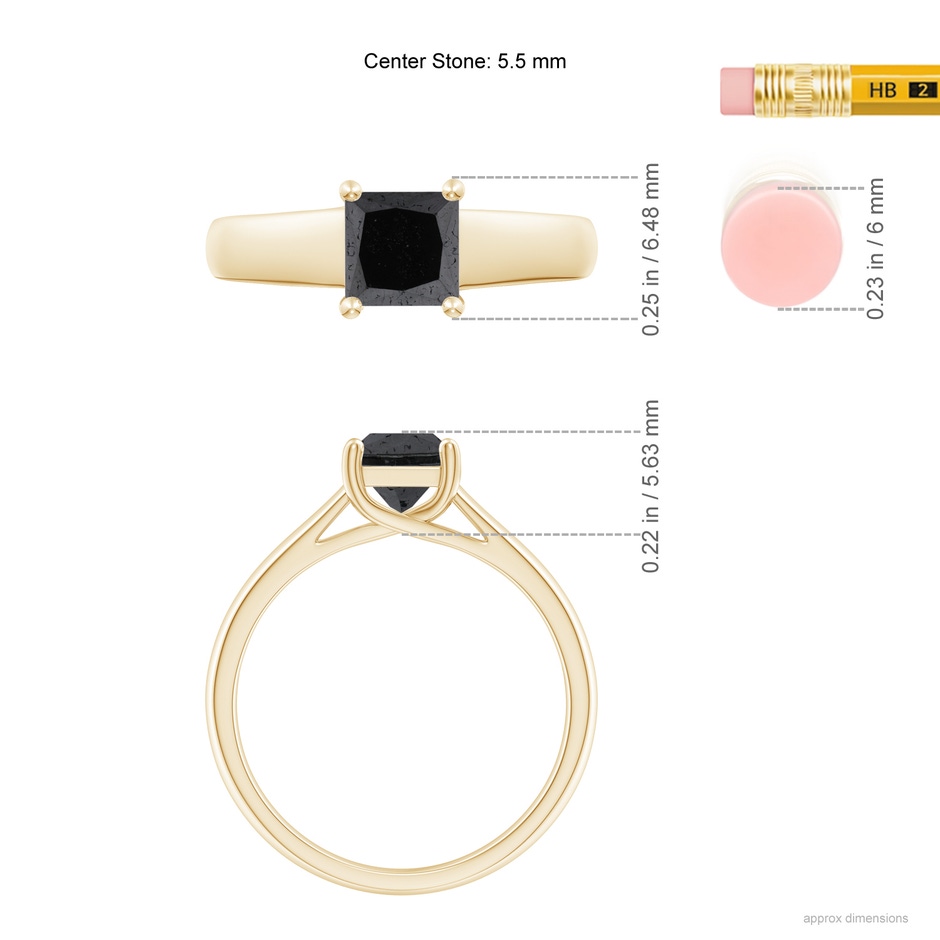 5.5mm A Princess-Cut Black Diamond Solitaire Engagement Ring in Yellow Gold ruler
