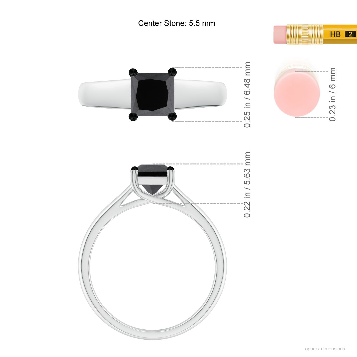 5.5mm AA Princess-Cut Black Diamond Solitaire Engagement Ring in White Gold - ruler
