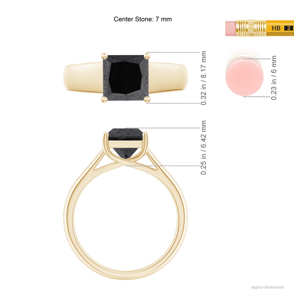 7mm A Princess-Cut Black Diamond Solitaire Engagement Ring in Yellow Gold ruler