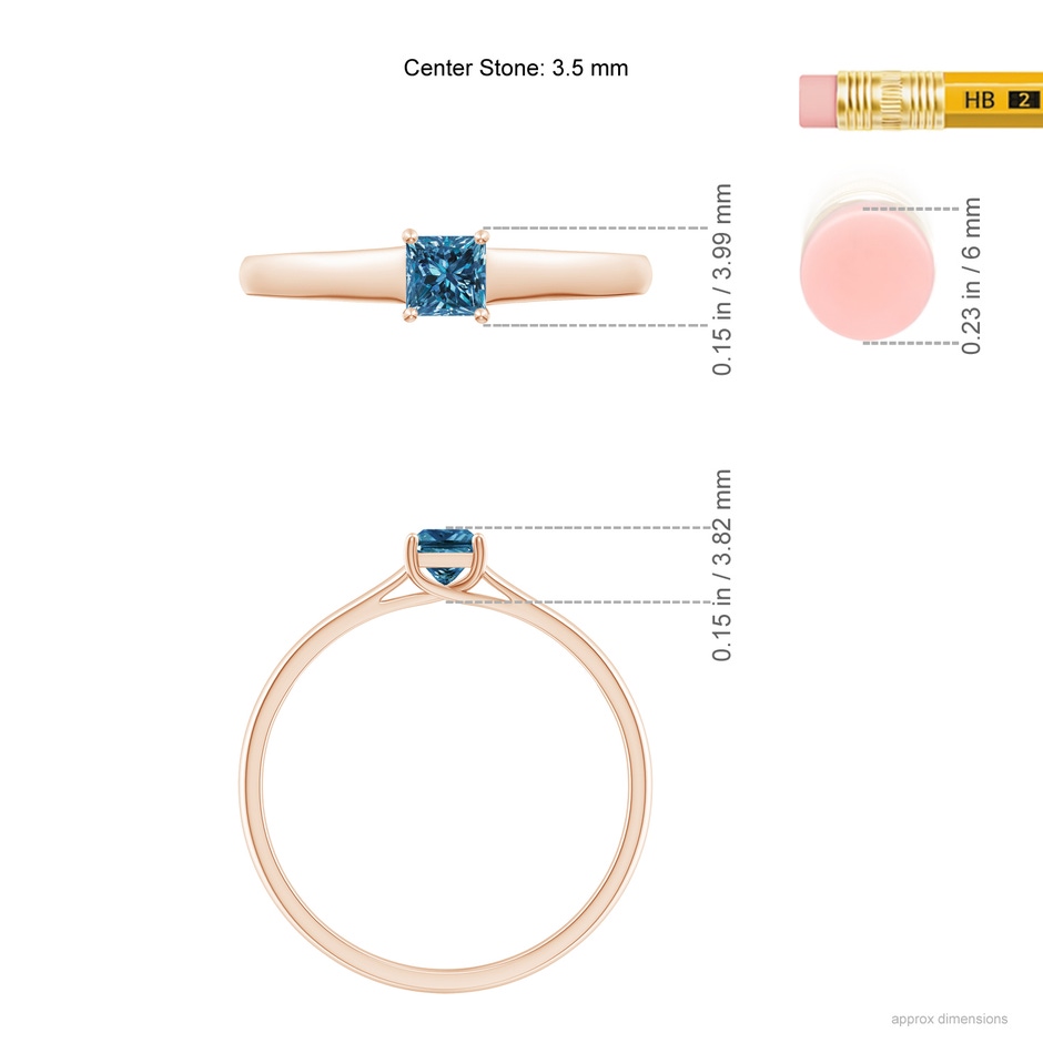 3.5mm AAA Princess-Cut Blue Diamond Solitaire Engagement Ring in Rose Gold ruler