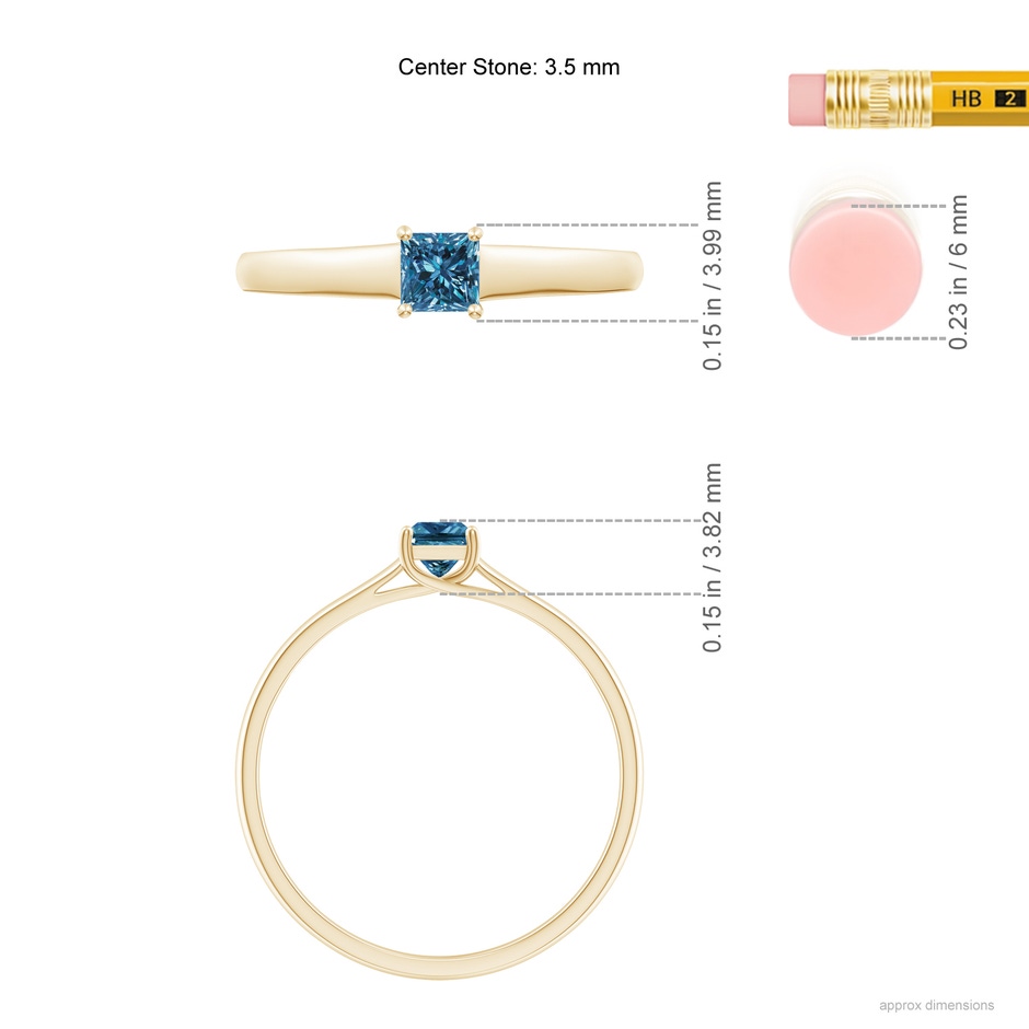 3.5mm AAA Princess-Cut Blue Diamond Solitaire Engagement Ring in Yellow Gold ruler