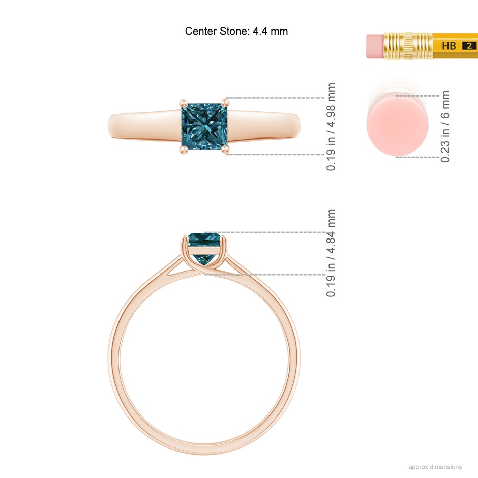 4.4mm AA Princess-Cut Blue Diamond Solitaire Engagement Ring in Rose Gold ruler