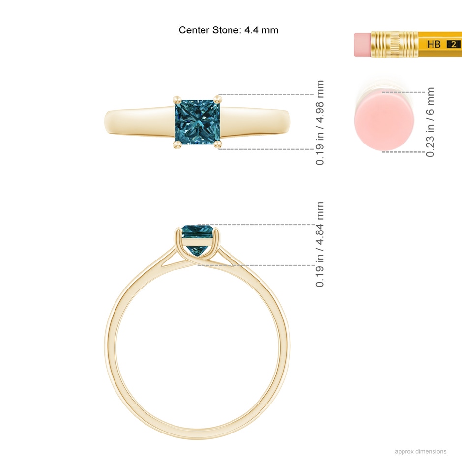 4.4mm AA Princess-Cut Blue Diamond Solitaire Engagement Ring in Yellow Gold ruler