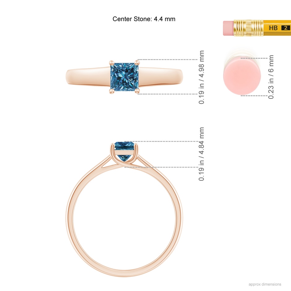 4.4mm AAA Princess-Cut Blue Diamond Solitaire Engagement Ring in Rose Gold ruler