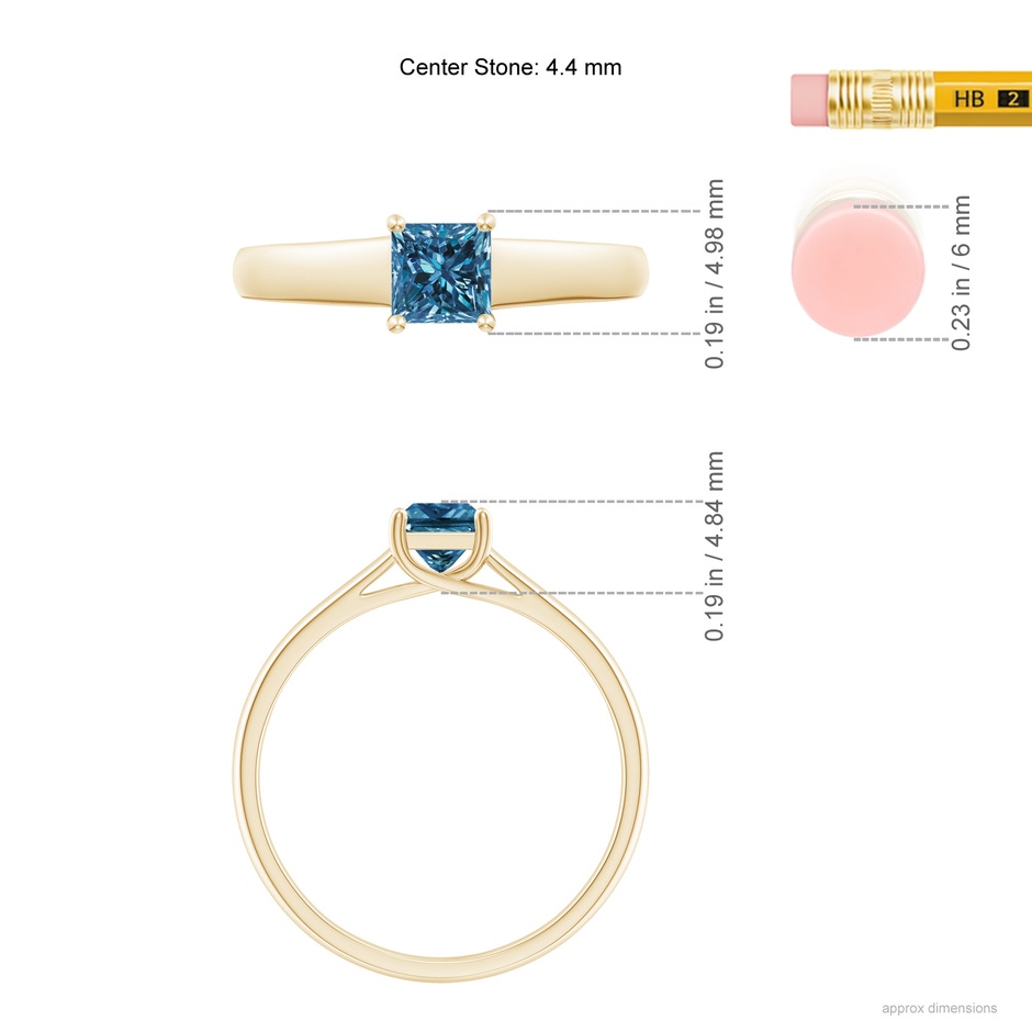 4.4mm AAA Princess-Cut Blue Diamond Solitaire Engagement Ring in Yellow Gold ruler