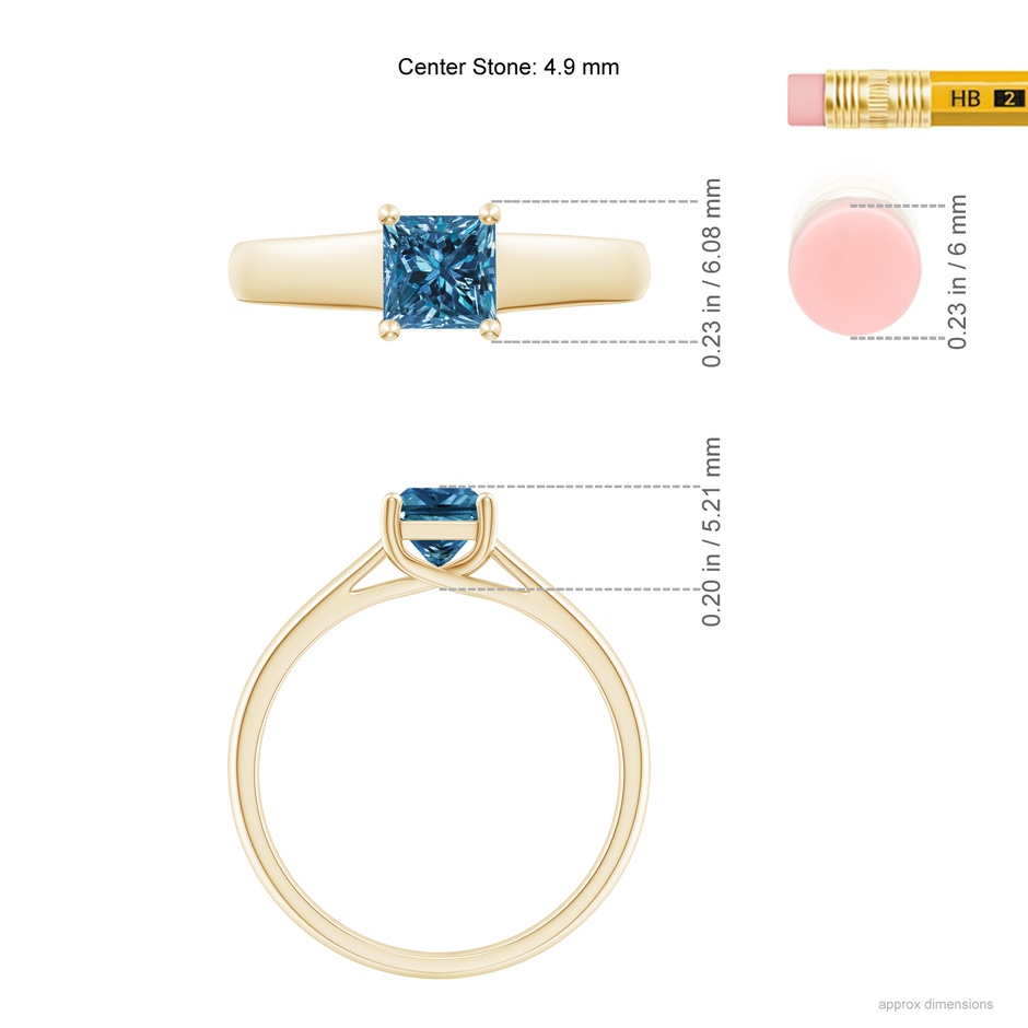 4.9mm AAA Princess-Cut Blue Diamond Solitaire Engagement Ring in Yellow Gold ruler