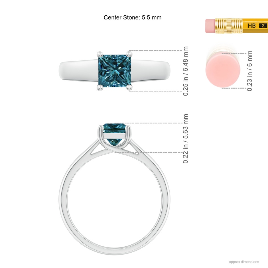5.5mm AA Princess-Cut Blue Diamond Solitaire Engagement Ring in White Gold ruler