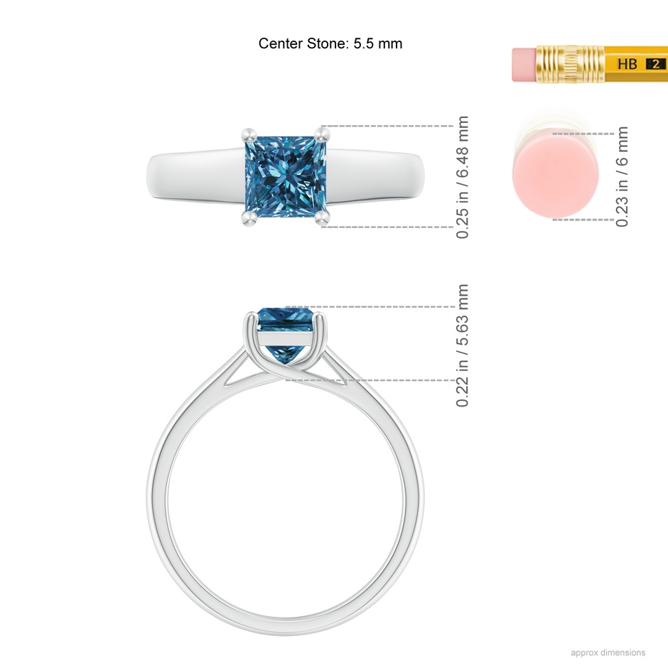 5.5mm AAA Princess-Cut Blue Diamond Solitaire Engagement Ring in P950 Platinum ruler
