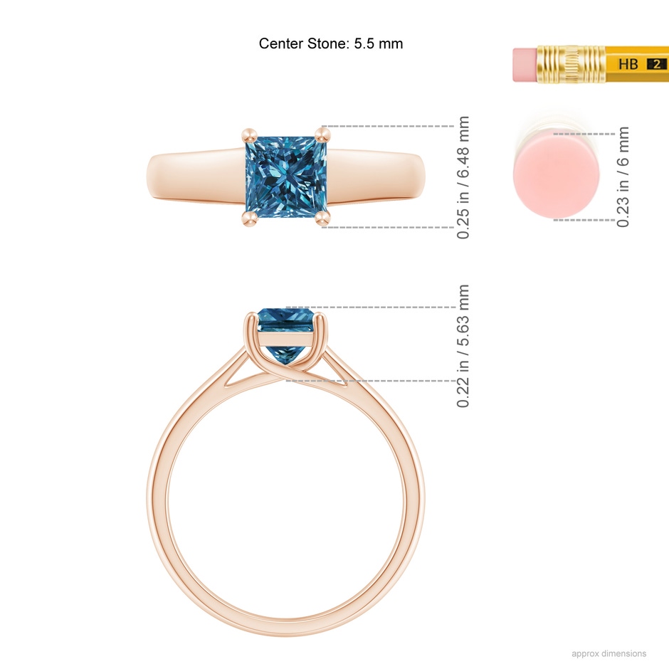 5.5mm AAA Princess-Cut Blue Diamond Solitaire Engagement Ring in Rose Gold ruler
