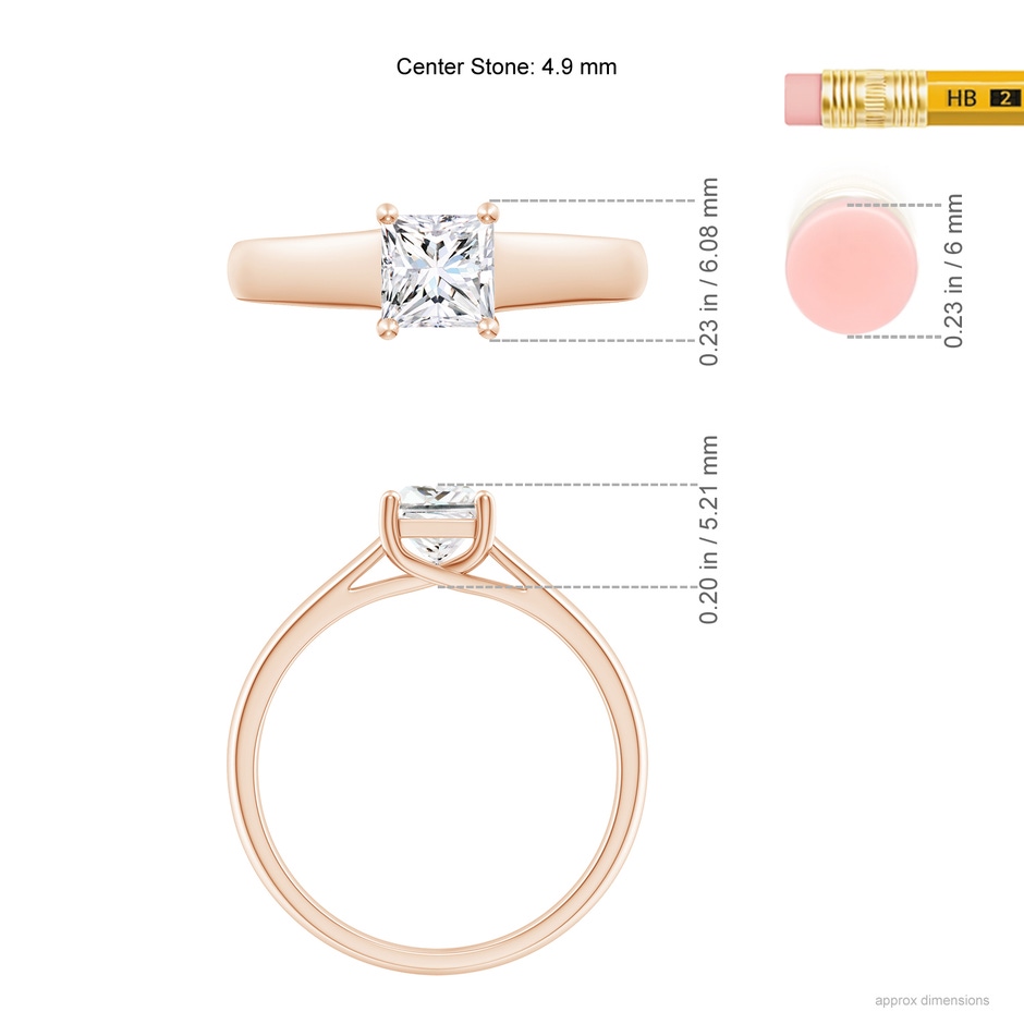 4.9mm GVS2 Princess-Cut Diamond Solitaire Engagement Ring in Rose Gold ruler