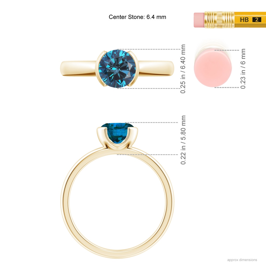 6.4mm AAA Semi Bezel-Set Blue Diamond Engagement Ring in Yellow Gold Ruler