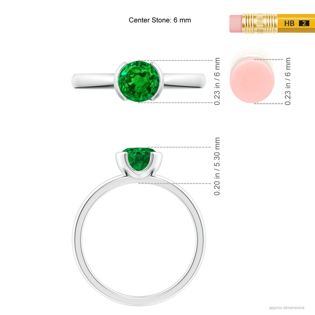 6mm AAAA Semi Bezel-Set Emerald Solitaire Engagement Ring in White Gold Ruler