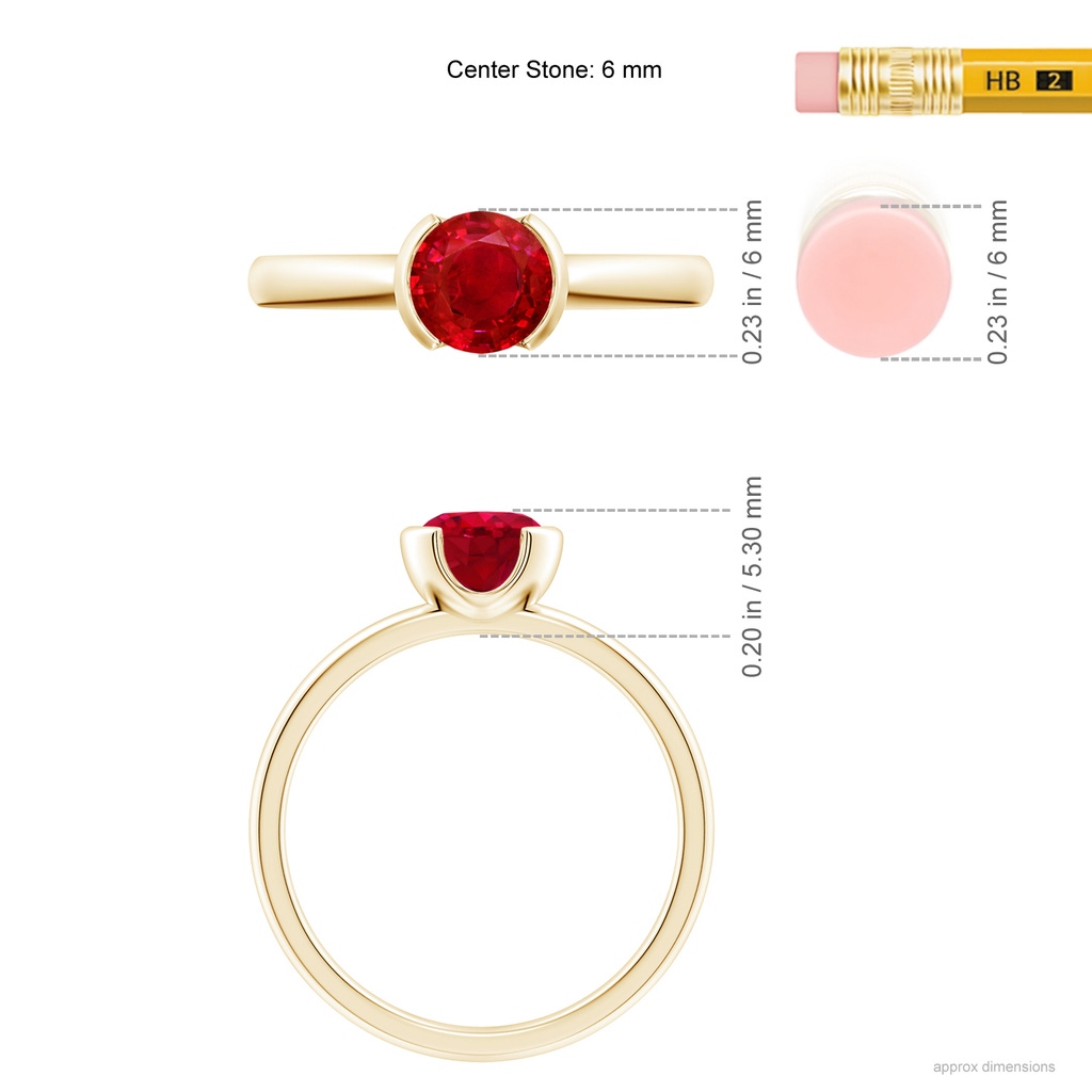 6mm AAA Semi Bezel-Set Ruby Solitaire Engagement Ring in Yellow Gold Ruler