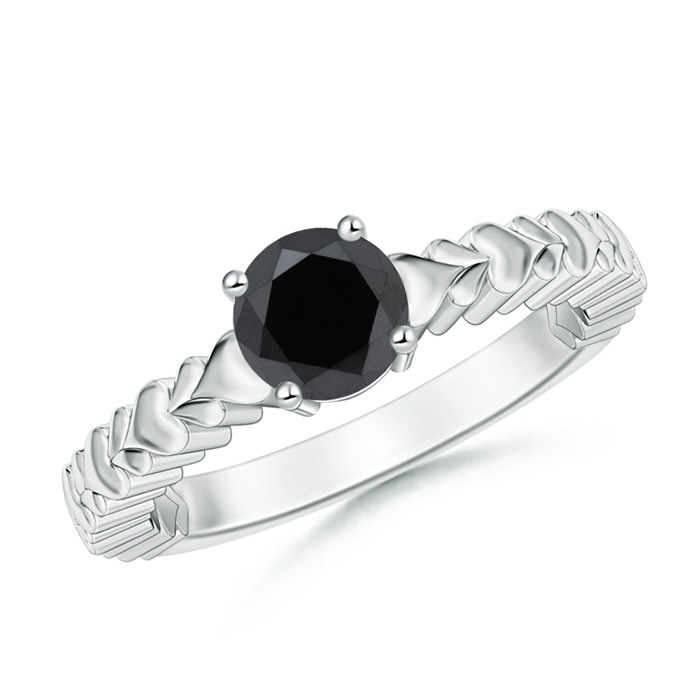 5.8mm AA Round Enhanced Black Diamond Solitaire Ring with Heart Carving in White Gold 