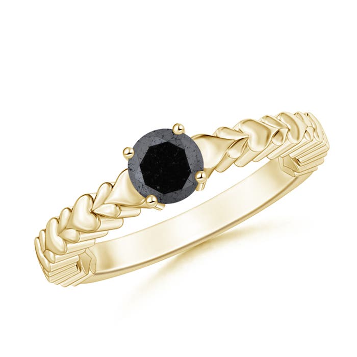 5mm A Round Enhanced Black Diamond Solitaire Ring with Heart Carving in Yellow Gold