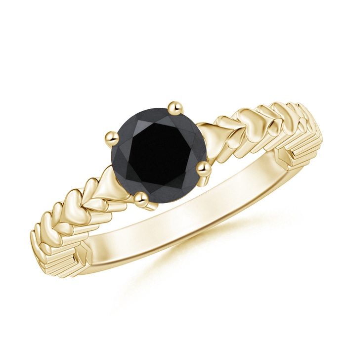 6.4mm AA Round Enhanced Black Diamond Solitaire Ring with Heart Carving in Yellow Gold 