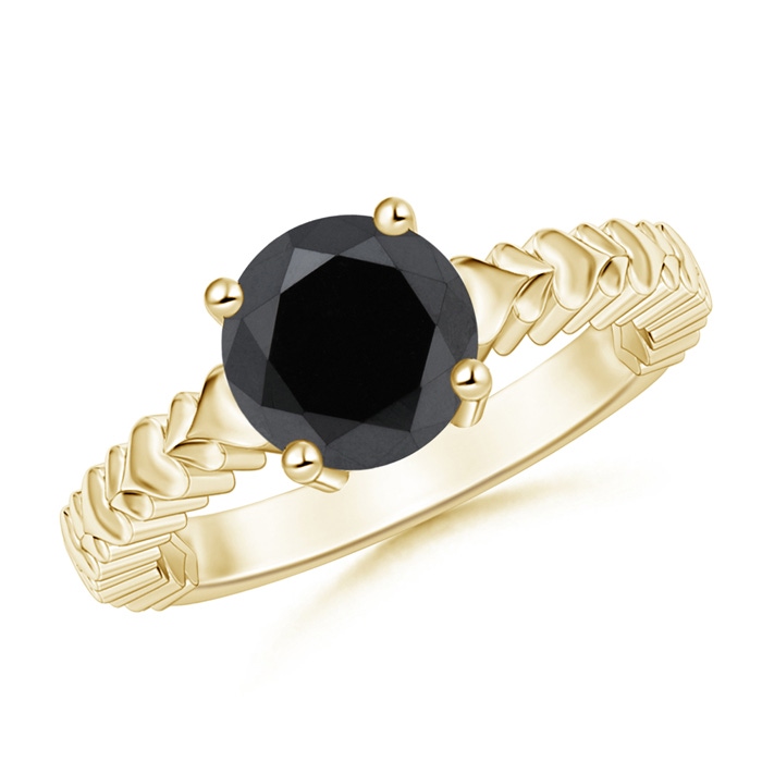 8mm AA Round Enhanced Black Diamond Solitaire Ring with Heart Carving in Yellow Gold 