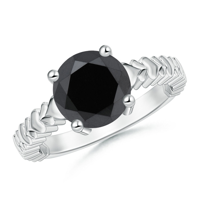 9.2mm AA Round Enhanced Black Diamond Solitaire Ring with Heart Carving in White Gold 