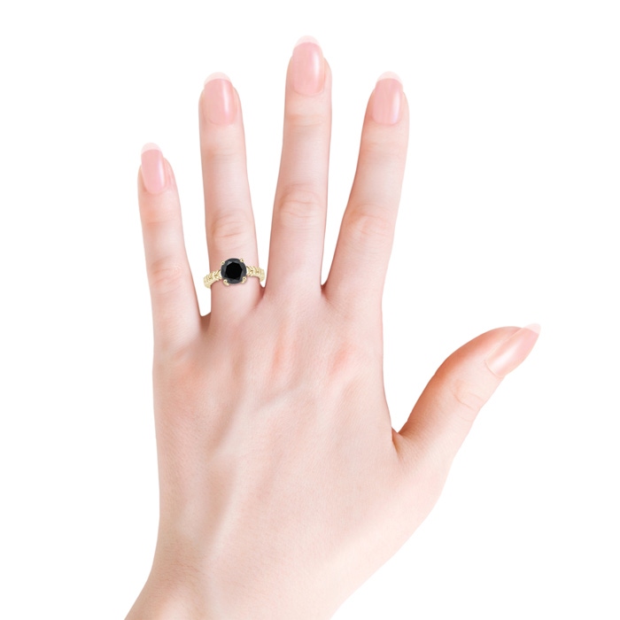 9.2mm AA Round Enhanced Black Diamond Solitaire Ring with Heart Carving in Yellow Gold product image
