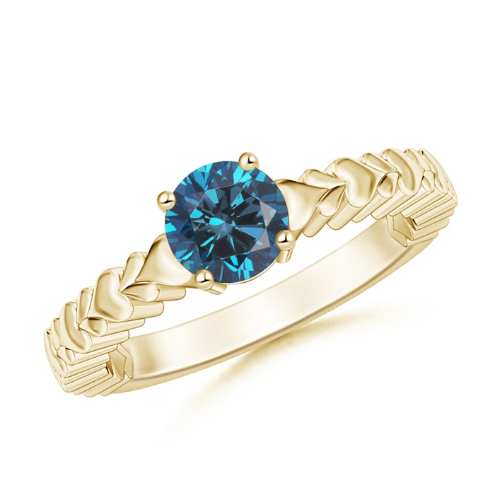 5.8mm AAA Round Blue Diamond Solitaire Ring with Heart Carving in Yellow Gold