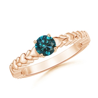 5mm AA Round Blue Diamond Solitaire Ring with Heart Carving in Rose Gold