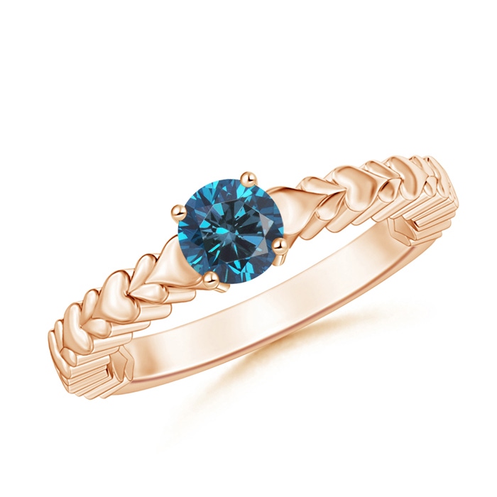 5mm AAA Round Blue Diamond Solitaire Ring with Heart Carving in Rose Gold