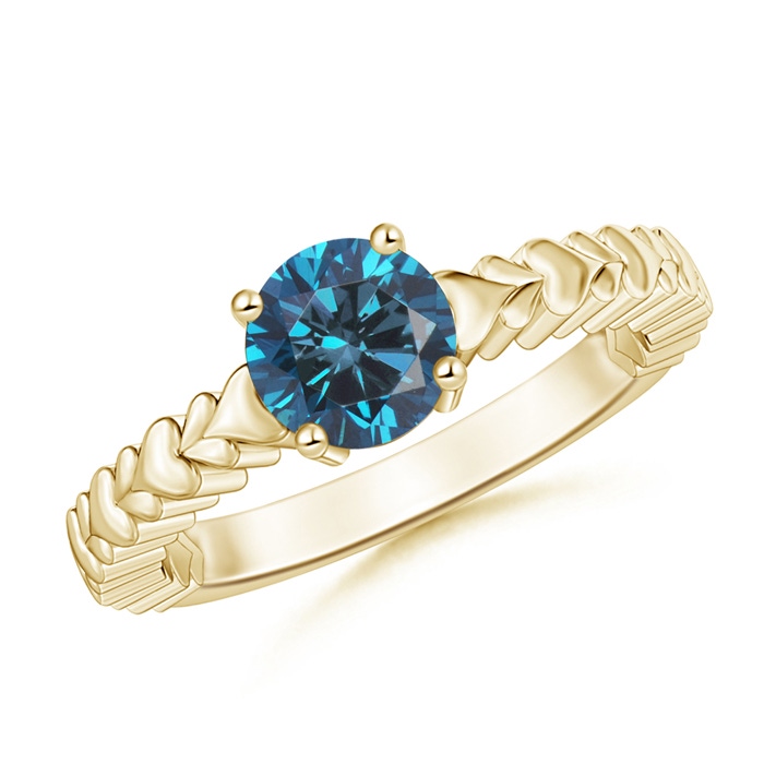 6.4mm AAA Round Blue Diamond Solitaire Ring with Heart Carving in Yellow Gold