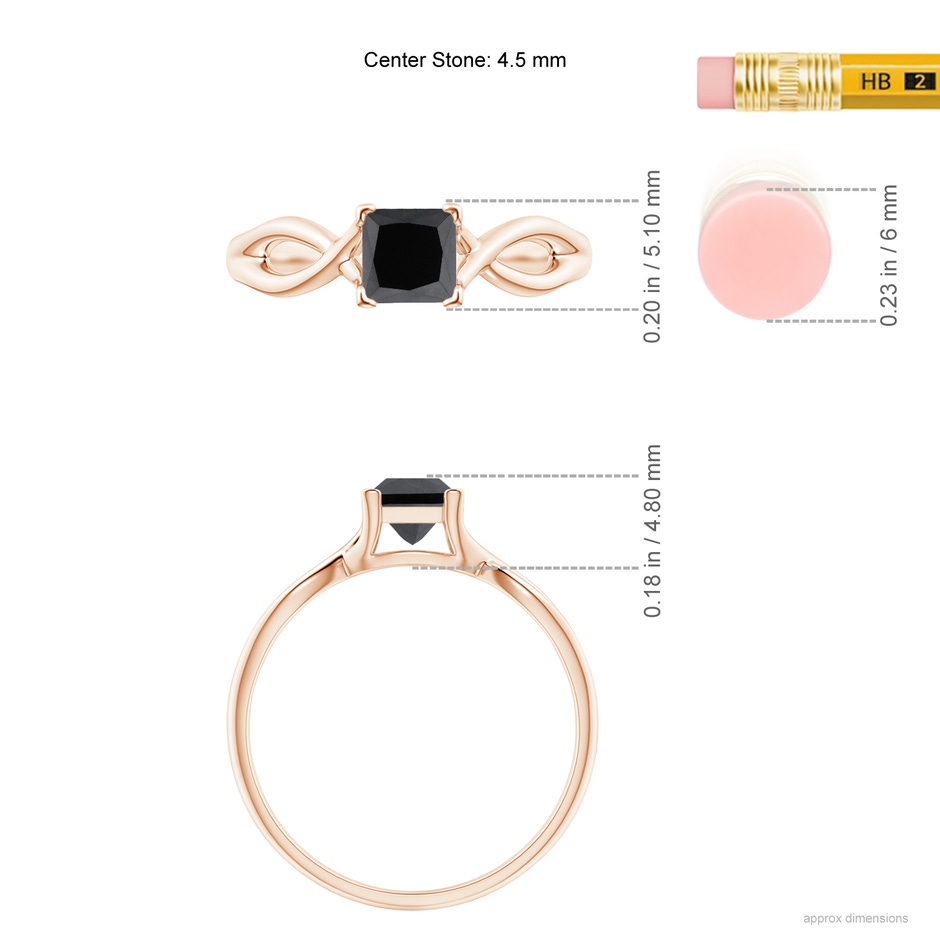 4.5mm AA Princess-Cut Solitaire Black Diamond Crossover Ring in Rose Gold ruler