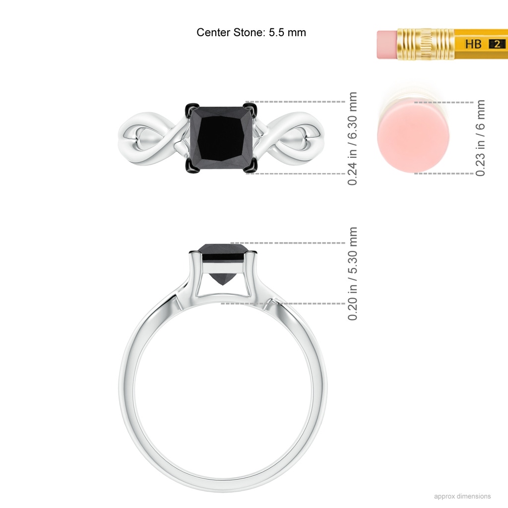 5.5mm AA Princess-Cut Solitaire Black Diamond Crossover Ring in White Gold Ruler