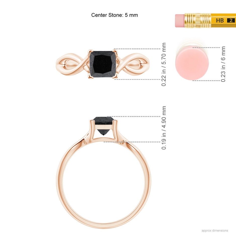 5mm A Princess-Cut Solitaire Black Diamond Crossover Ring in Rose Gold ruler