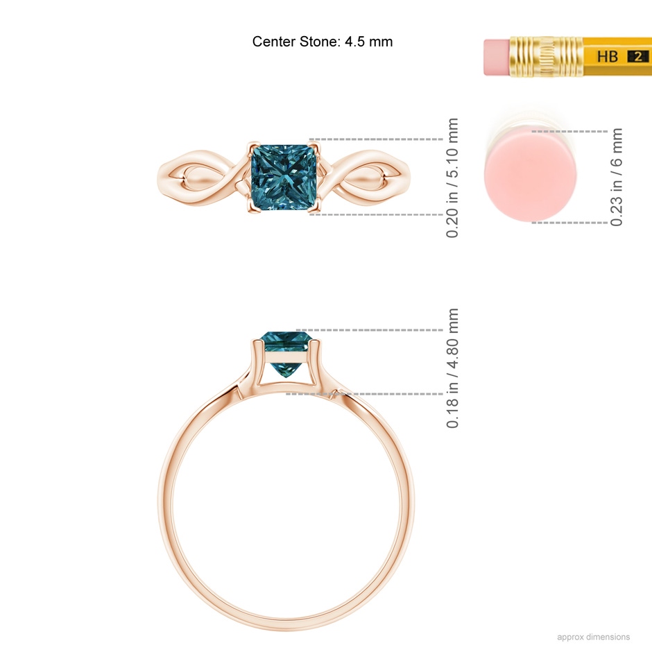 4.5mm AA Princess-Cut Solitaire Blue Diamond Crossover Ring in Rose Gold ruler