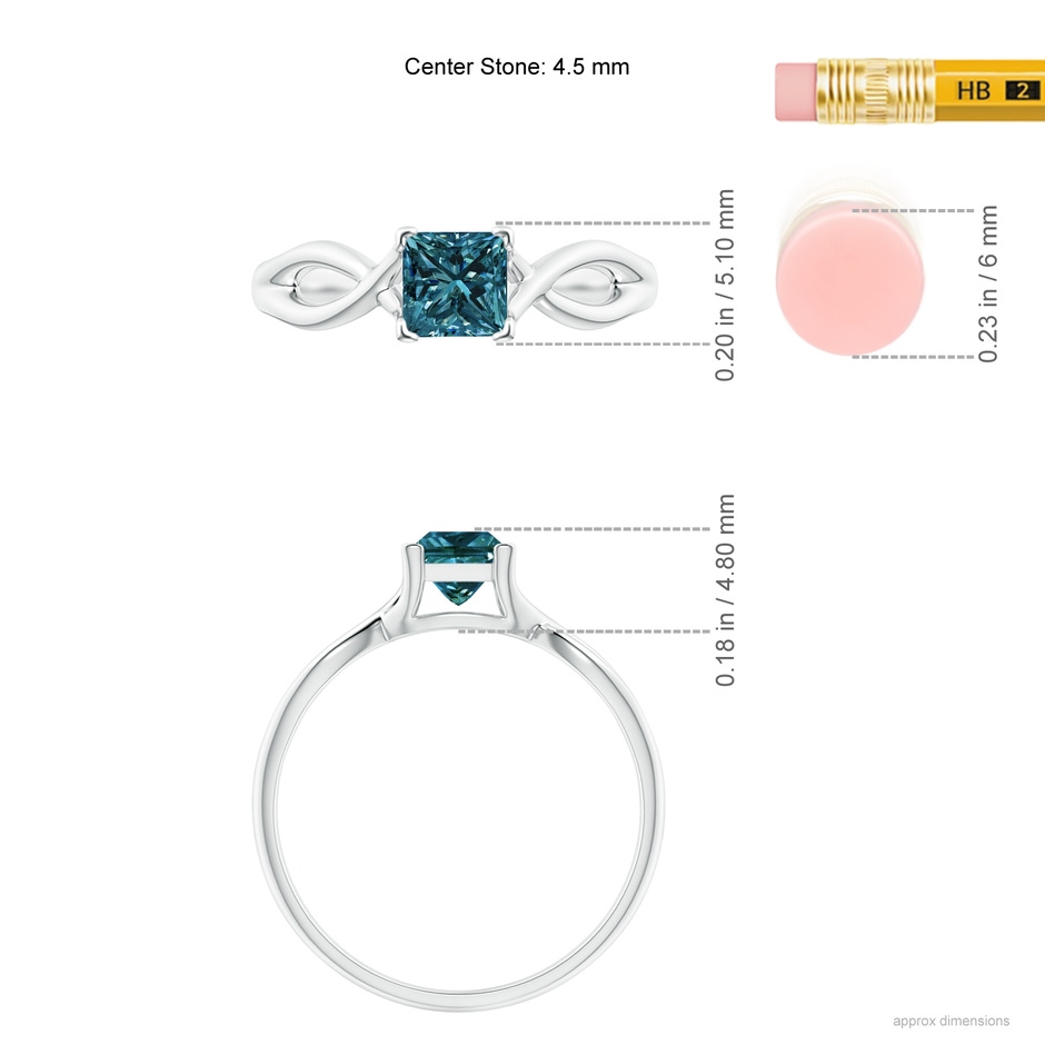 4.5mm AA Princess-Cut Solitaire Blue Diamond Crossover Ring in White Gold ruler