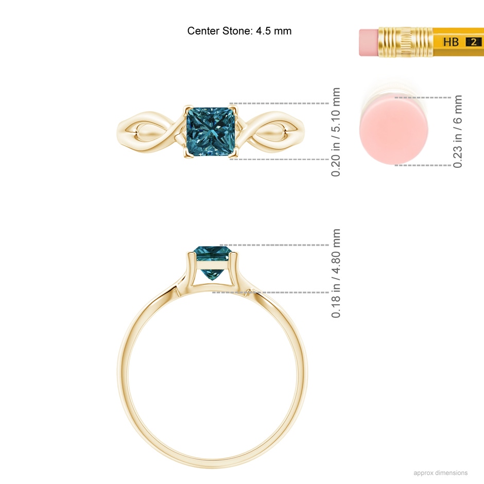4.5mm AA Princess-Cut Solitaire Blue Diamond Crossover Ring in Yellow Gold ruler