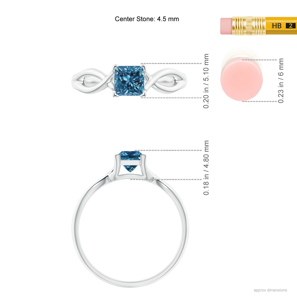 4.5mm AAA Princess-Cut Solitaire Blue Diamond Crossover Ring in P950 Platinum Ruler